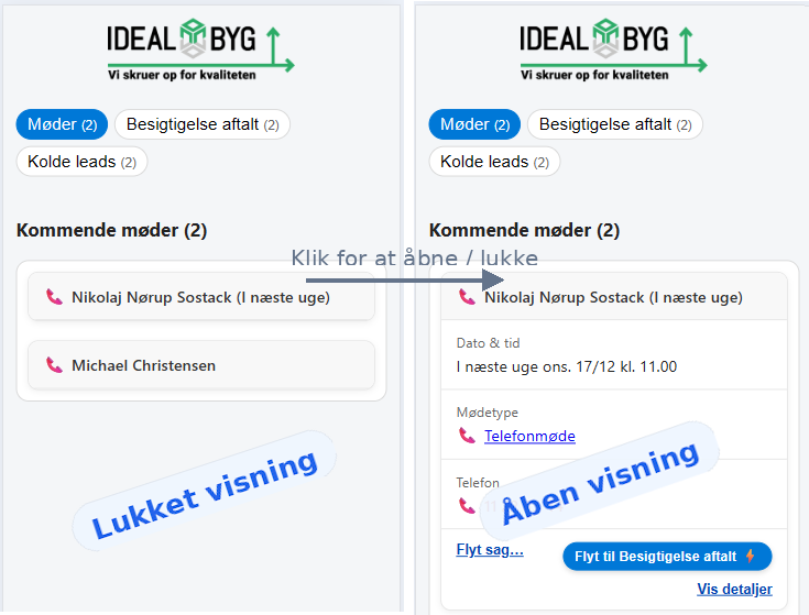 Møde vises i dashboard
